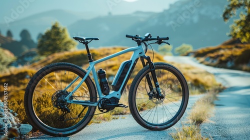 Modern Electric Bike on Scenic Mountain Trail - A sleek modern electric bike with a water bottle, parked on a scenic mountain trail, capturing the beauty of the landscape.