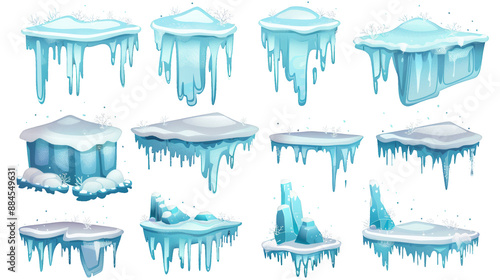 This is a modern illustration of a frozen floating platform used in a 2D arcade videogame interface. Three textures are included in a snow kit intended to simulate a magical world.