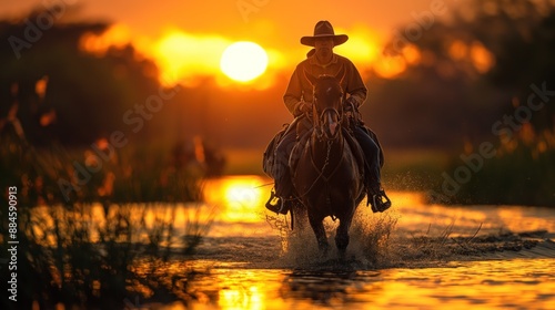 Papel de parede mostrando um vaqueiro caminhando com seu cavalo no Pantanal brasileiro em uma linda paisagem de pôr do sol