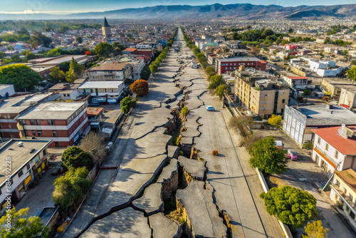 Aerial view of a devastated cityscape with severely cracked roads, ruptured pavement, and shattered asphalt, revealing the devastating impact of a powerful earthquake.