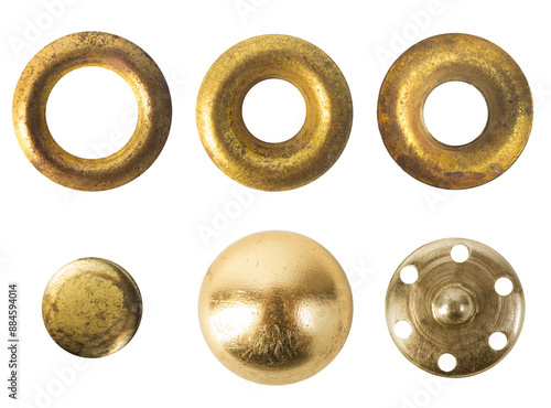 Isolated png photo of circular brass or copper metal buttons or rivets on transparent background.