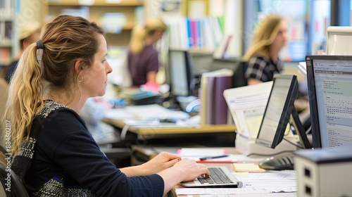 administrative staff working at their desks in an office environment