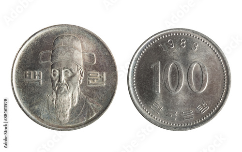 Isolated png photo of 100 South Korean 1983 won copper-nickel coin of Republic of Korea 1982-2023 on transparent background.