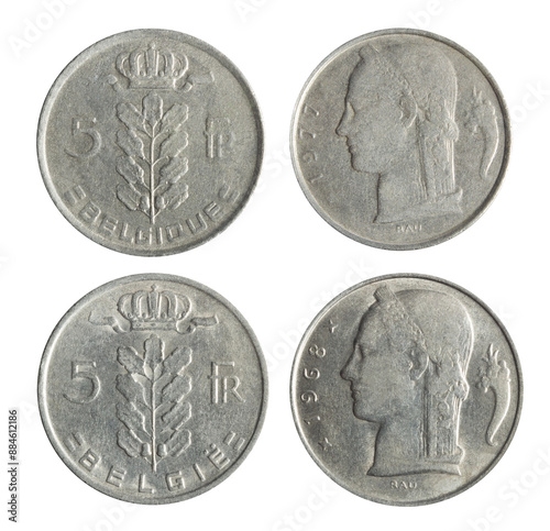 Isolated png photo of 5 Belgium 1977 and 1968 franc copper-nickel of Leopold the 3 ruler coins on transparent background.