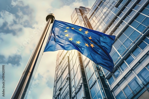 Flag of European Union waving in the wind in front of the modern parliament building on sunny day. Happy Europe day. European Parliament elections. European dream. Future of Europe