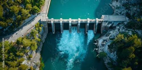 Aerial view of a hydroelectric dam on a river, generating green, renewable power. Use of flowing water for energy and electricity production. Sustainability and environmental protection concept.