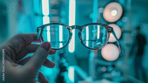 A close-up shot of a pair of eyeglasses being held by a hand in an optometry office, with blue medical lighting in the background, conveying clarity and precision.