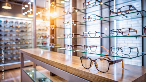 A blurred background of shelves with eyeglass frames, display cases, and optic equipment focuses on a pair of stylish eyeglasses on a pedestal in the center.