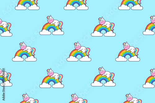 Cute unicorn sleeps on the rainbow. Seamless vector pattern.
