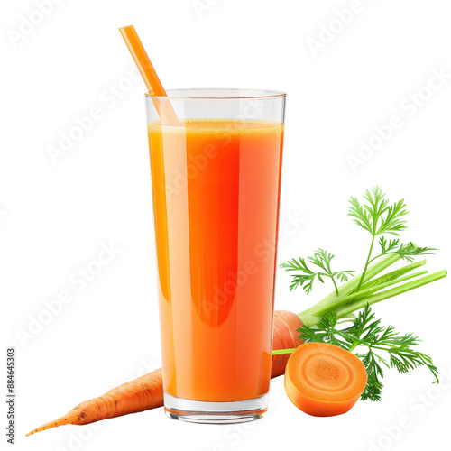 A refreshing glass of carrot juice with a straw, a whole carrot and a sliced carrot, and some carrot greens.