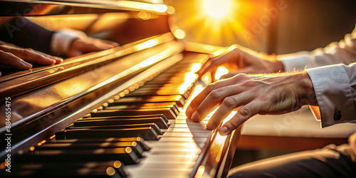 Warm sunlight illuminates a dexterous hand skillfully playing piano keys, casting a serene atmosphere with subtle shadows and a hint of golden glow.