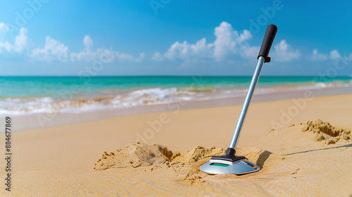  a metal detector device prominently displayed on a pristine beach