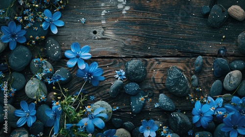 Blue wildflowers and dark stones on wood surface seen from above