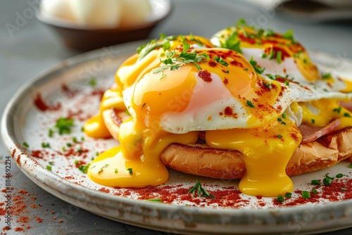 Plate of eggs benedict with runny poached eggs and hollandaise sauce, garnished with chives and paprika