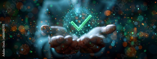  Green check mark for compliance, certification or audit concept with a business man holding a digital hologram of green compliance tick symbol 