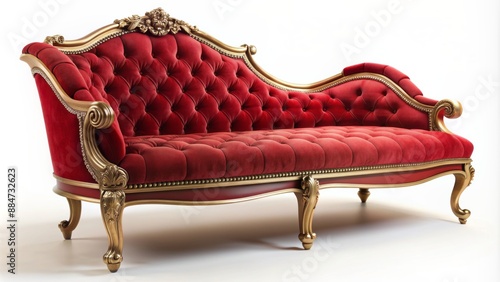 Luxurious isolated red velvet chaise lounge with curved wooden frame, ornate central hump, and matching pillows exuding opulence and refinement.