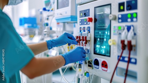 Medical professional operates dialysis machine in a hospital setting, showcasing modern healthcare technology and patient care.