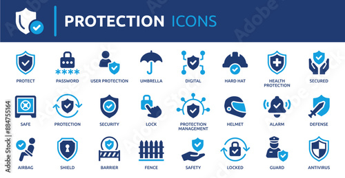 Protection icon set. Containing safe, shield, lock, security, alarm, umbrella, guard, fence and more. Solid vector icons collection. 