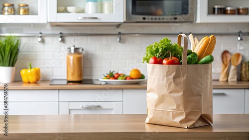 Grocery bag on kitchen counter, groceries, reusable, eco-friendly, shopping, food, sustainable, container, plastic-free