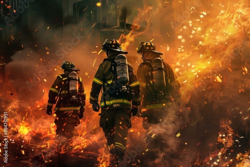 Fearless firefighters bravely combatting a dangerous inferno with their protective gear and teamwork to extinguish the hazardous blaze and rescue the public in this urban emergency crisis