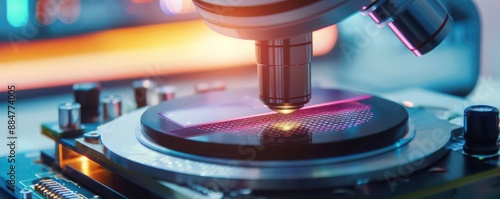 Researcher analyzing the surface of semiconductor wafers with a microscope, Semiconductor wafers, Advanced semiconductor technology