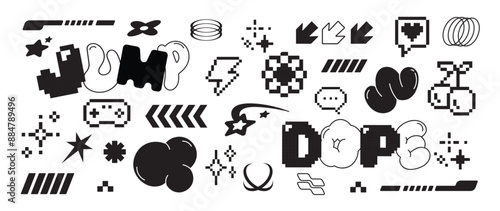 Set of y2k style elements vector. Hand drawn collection of pixel, fluffy, arrow, thunderbolt, bubble, organic shape in black and white color. Design for print, cartoon, card, decoration, sticker.