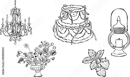 Ilustraciones dibujadas a mano. Iconos en vector para invitaciones, papelería, diseño. Clipart de amor. Ilustración de candelabro, flores, fresa, pastel, porta velas.