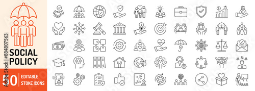 Social Policy editable stroke outline web icons set. Security, government, family, welfare, education, protection, finance, security and support. Vector illustration