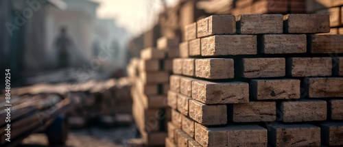 Stacks of bricks being traded at a bustling marketplace, realistic photo, high resolution, detailed textures, vibrant atmosphere