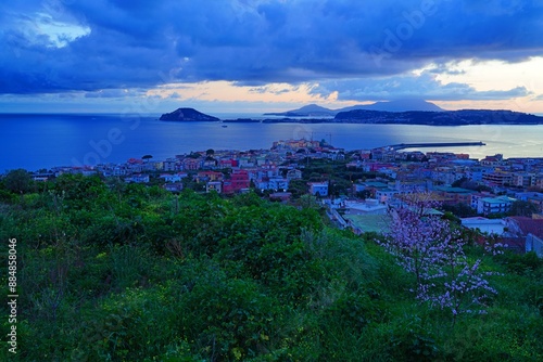 Sunset view of Pozzuoli and the Bay of Naples, built on the sides of the Phlegraean Fields (Campi Flegrei), an active caldera volcano part of the Campanian volcanic arc