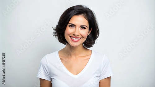 Beautiful smiling European American woman 28 years old with black hair, white v-neck women's t-shirt, white background