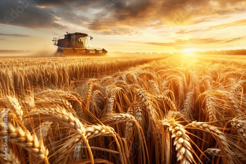 Harvesting wheat in a golden field at sunset with a combine harvester in the background, capturing agricultural beauty and productivity.