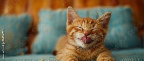 Funny cat winking and sticking out tongue with copy space 