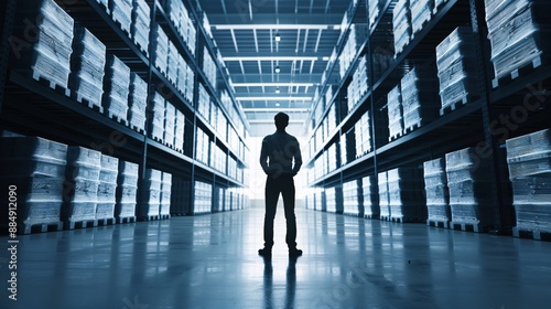 A silhouette of a manager stands in a warehouse, surrounded by cargo and logistics equipment. The vast space and organized setup offer plenty of copy space for additional content.