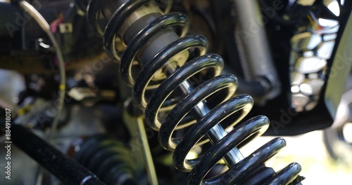 Shock absorber in the car. Close up of spring in the wheel.