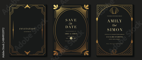 Luxury wedding invitation card vector. Elegant art deco classic antique design, gold lines gradient, frame on dark background. Premium design illustration for gala, grand opening, VIP cover.