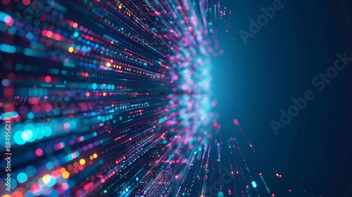 Abstract technology big data background concept: digital data flow motion, transfer and storage of data sets, blockchain technology, server infrastructure, and high-speed internet connectivity