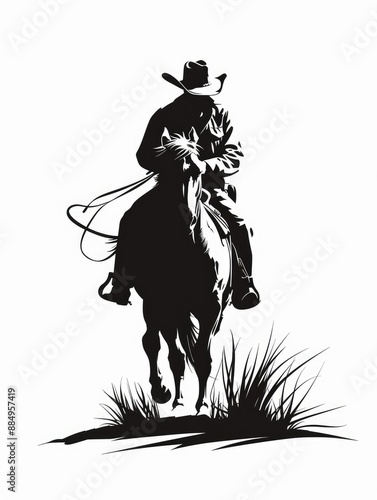 Silhouette of a cowboy riding a horse depicted in black and white.