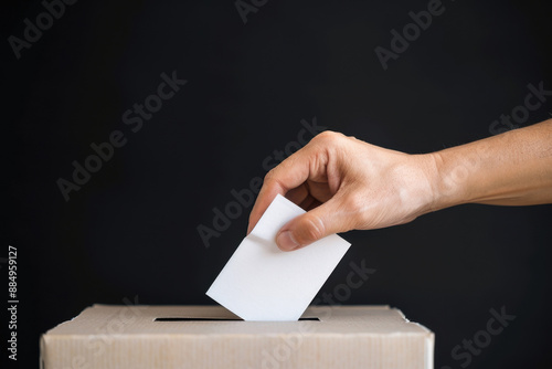 Hand casting a vote into a ballot box on a black background, symbolizing the democratic process and civic duty of voting.