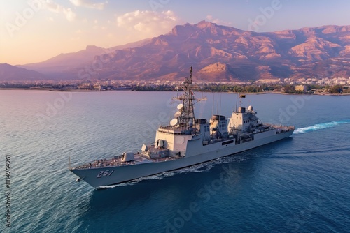 A photo of a modern military navy ship sailing in the sea, with a coastal city in the background, taken on a sunny day in the golden hour light. Military transport concept.