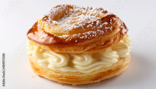 a traditional French Saint-Honoré, featuring a base of puff pastry and choux pastry, filled with pastry cream and topped with caramelized sugar, set against a clean white background