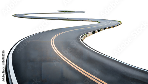 Curved double-lane road with yellow lines isolated on transparent background with clipping path cut-out. 