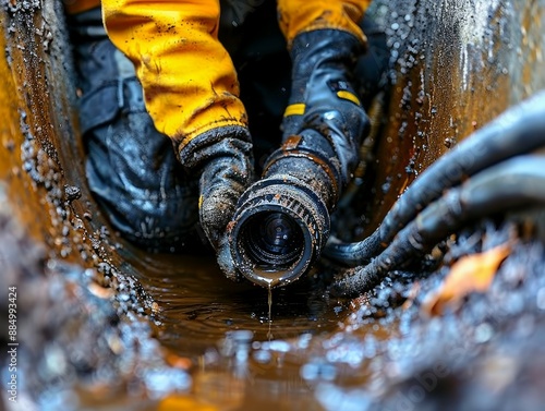 A close-up shot of a worker using a specialized camera to inspect a clogged drainpipe and identify the source of the blockage,