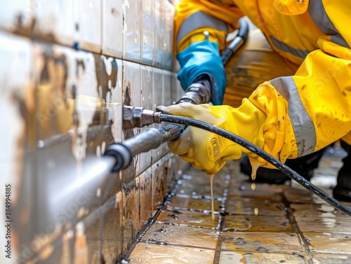 A team of professionals using a hydro jetting tool to thoroughly clean and remove buildup from clogged bathroom pipes,