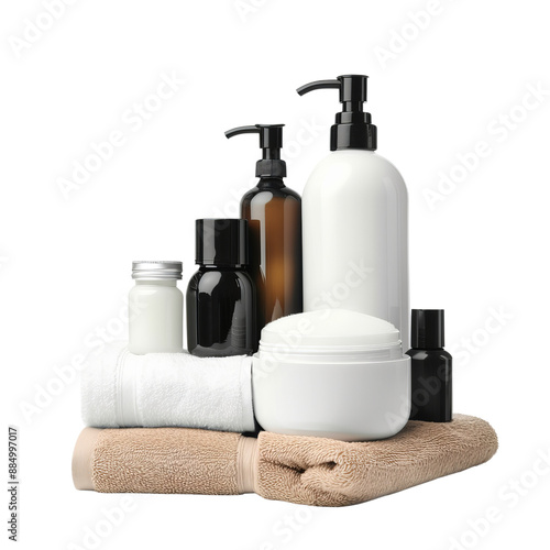 A collection of toiletries and lotions are displayed on a white towel