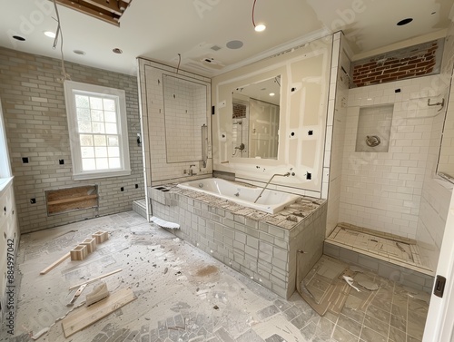 Wide-angle view of a Jack and Jill bathroom being modernized with updated fixtures