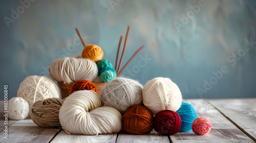 Colorful balls of wool on wooden table. Variety of yarn balls