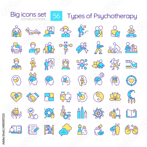 Types of psychotherapy RGB color icons set. Art therapy, playing instruments. Dance rehab, creativity expression. Isolated vector illustrations. Simple filled line drawings collection. Editable stroke