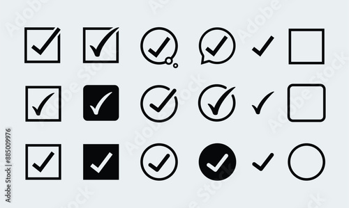 Check mark icon set. Black line checkmark.