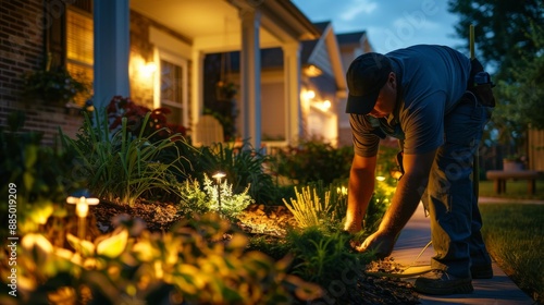 Worker installing outdoor pathway lighting fixtures in a residential front yard enhancing curb appeal and safety for nighttime navigation.